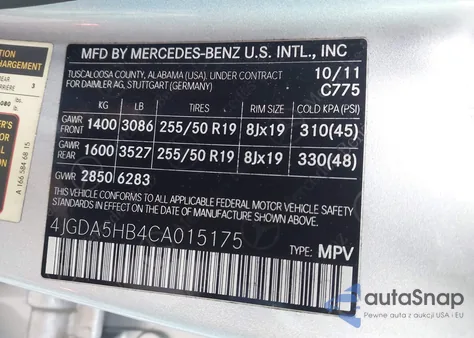 2012 Mercedes-Benz Ml 350 4Matic z USA, uszkodzony, nr VIN 4JGDA5HB4CA015175